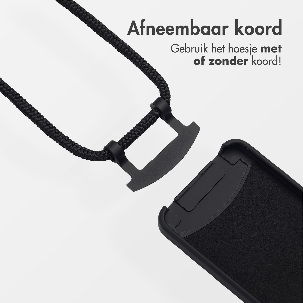 Zwarte telefoonhoes met een afneembaar zwart koord. Tekst: Afneembaar koord. Gebruik de case met of zonder koord!