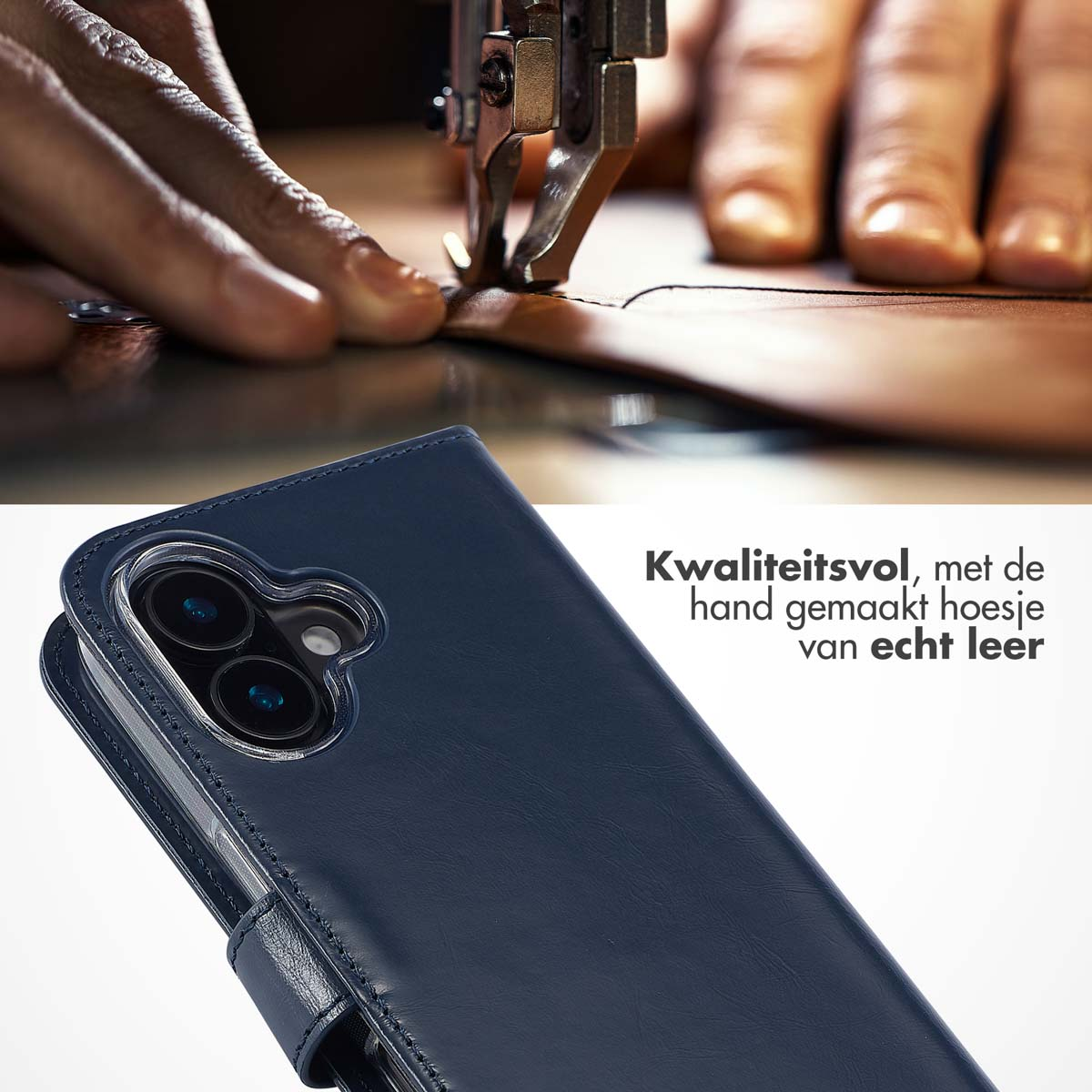 Een handwerker die leer naait met een machine. Op de voorgrond een donkerblauwe telefoonhoes.
