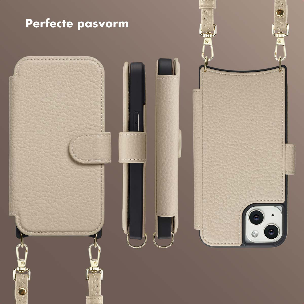 Custodie per telefono in pelle beige con cinghie, in diverse posizioni. Il testo 'Perfecte pasvorm' è in alto nell'immagine.