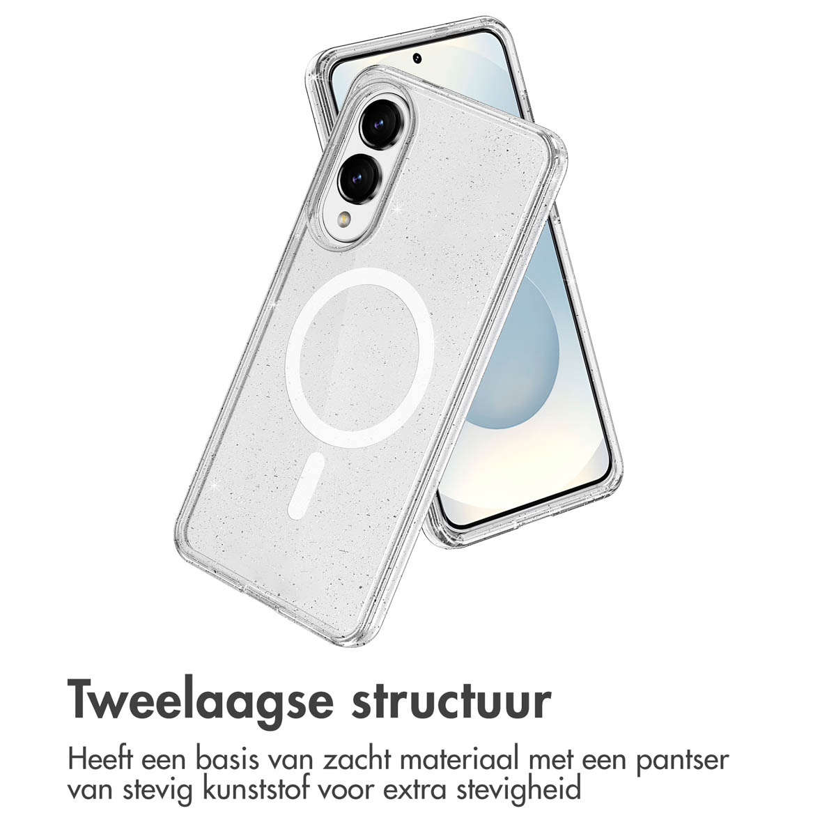 Twee telefoons met doorzichtige hoesjes, de ene gedeeltelijk achter de andere. De hoesjes hebben een glittertextuur en een wit cirkelvormig ontwerp.
