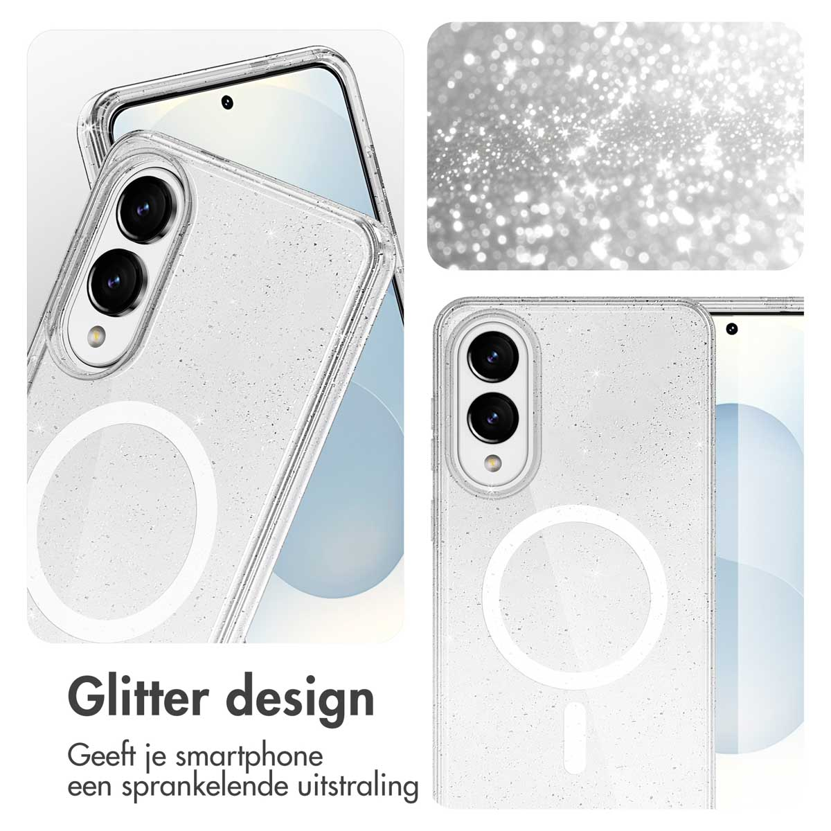 Transparante telefoonhoes met glitter, toont een telefoon met twee cameralenzen. De hoes heeft een witte ring en lijn.