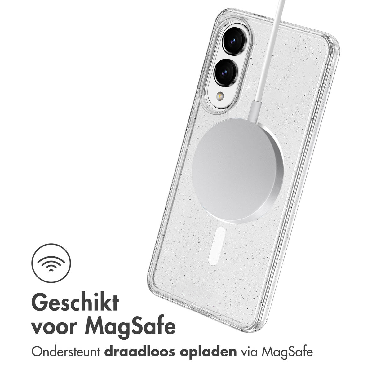 Een telefoon in een transparante hoes met een MagSafe-oplader. Tekst luidt 'Geschikt voor MagSafe' en 'Ondersteunt draadloos opladen via MagSafe'.