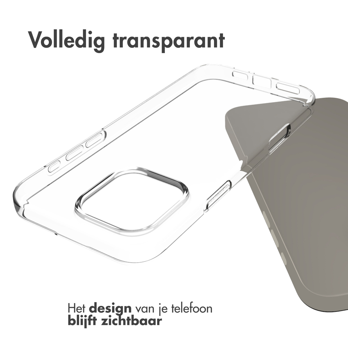Viene mostrata una custodia trasparente per telefono, che copre parzialmente un telefono grigio. Testo: 'Completamente trasparente', sotto: 'Il design rimane visibile'.