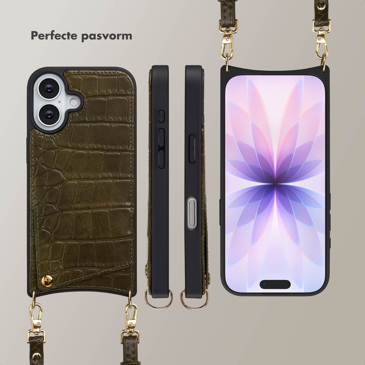 Telefoonhoesjes in verschillende weergaven. Groene leren hoes met riem en een telefoon met bloemenbehang. Zwarte hoesjes getoond.