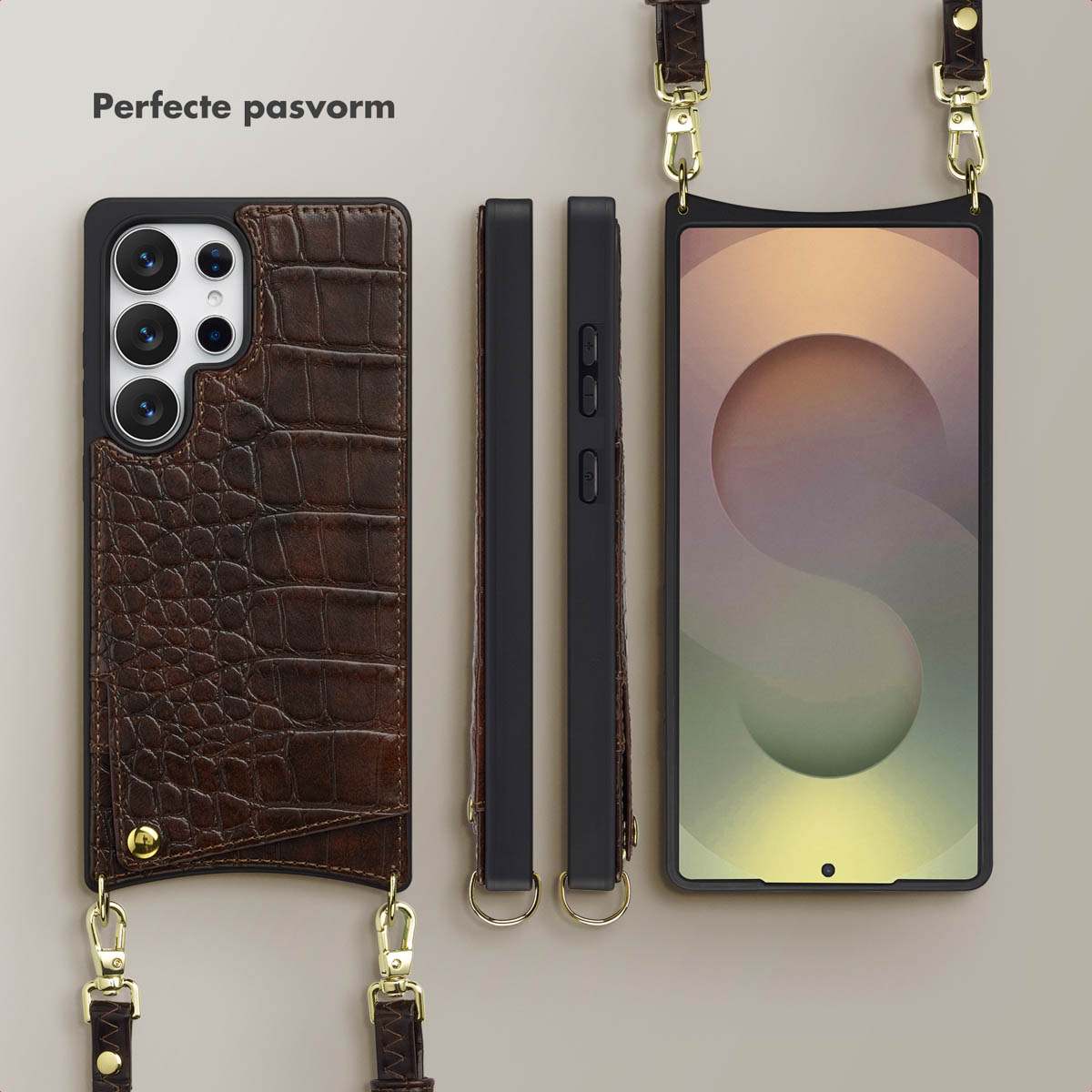 Une coque de téléphone avec une texture cuir marron et une sangle. À côté, il y a des bords de téléphone noirs et un téléphone avec un fond clair.