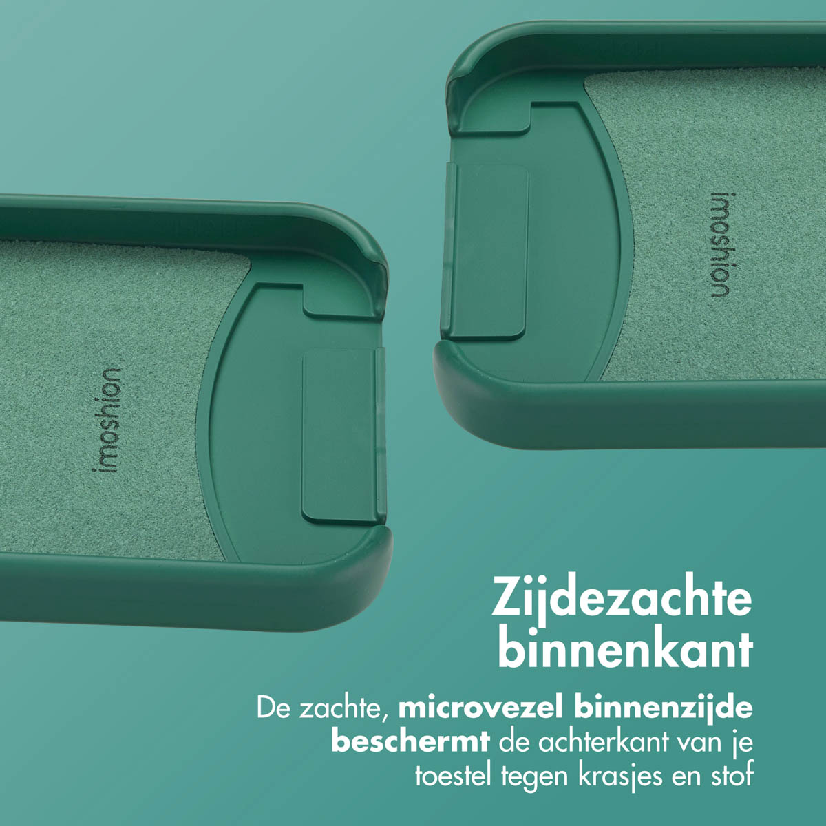 Twee groene telefoonhoesjes, merk imoshion, met zacht interieur. Tekst: 'Zachte binnenkant beschermt de achterkant van je toestel.'