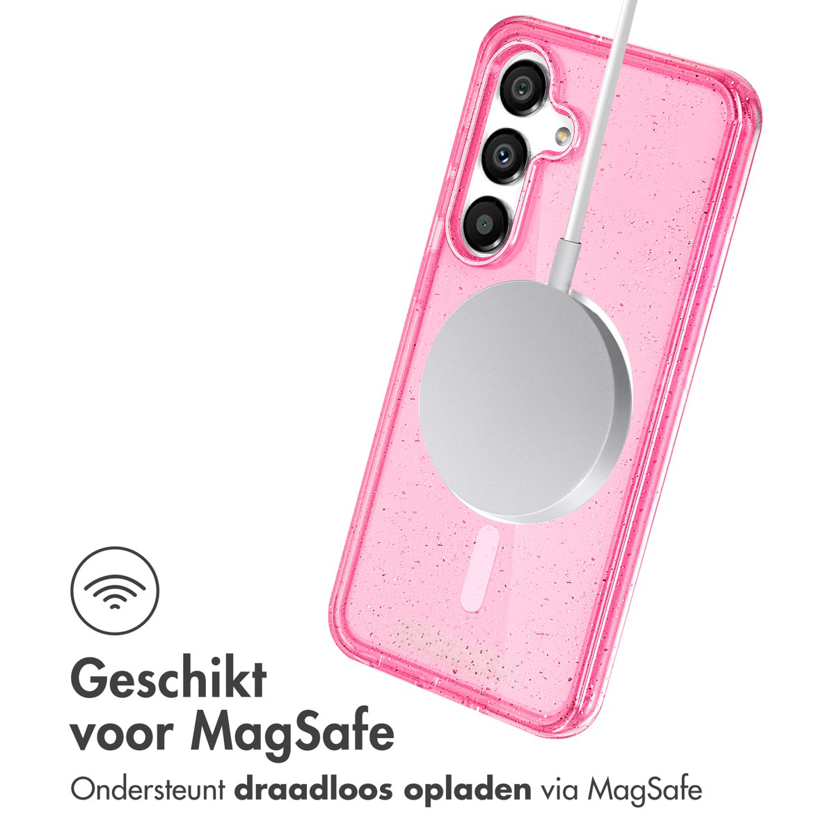 Une coque de téléphone rose avec un chargeur MagSafe. Le texte en dessous dit 'Geschikt voor MagSafe' et 'Ondersteunt draadloos opladen via MagSafe'.