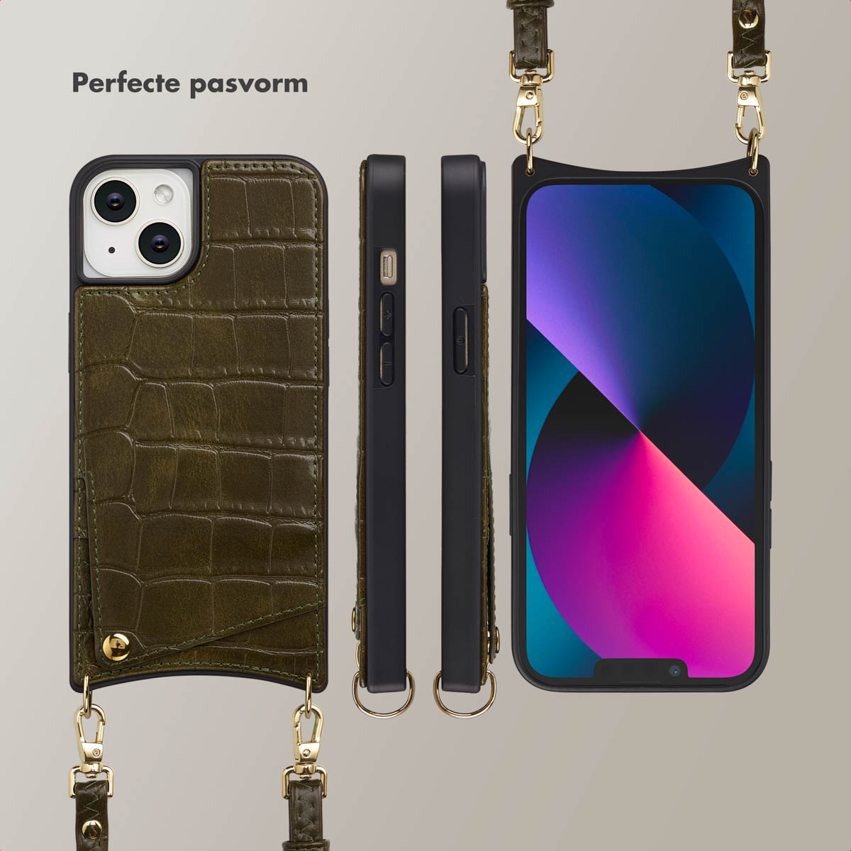 Productopname van telefoonhoesjes in olijfgroen en zwart. Cases worden vanuit meerdere hoeken getoond, sommige met riemen en gouden hardware.