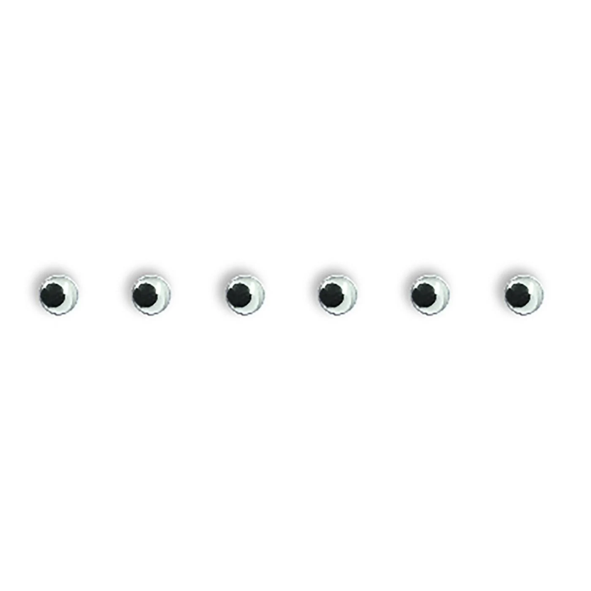 Seis ojos saltones en fila sobre fondo blanco. Cada ojo tiene pupila negra e iris blanco reflectante.