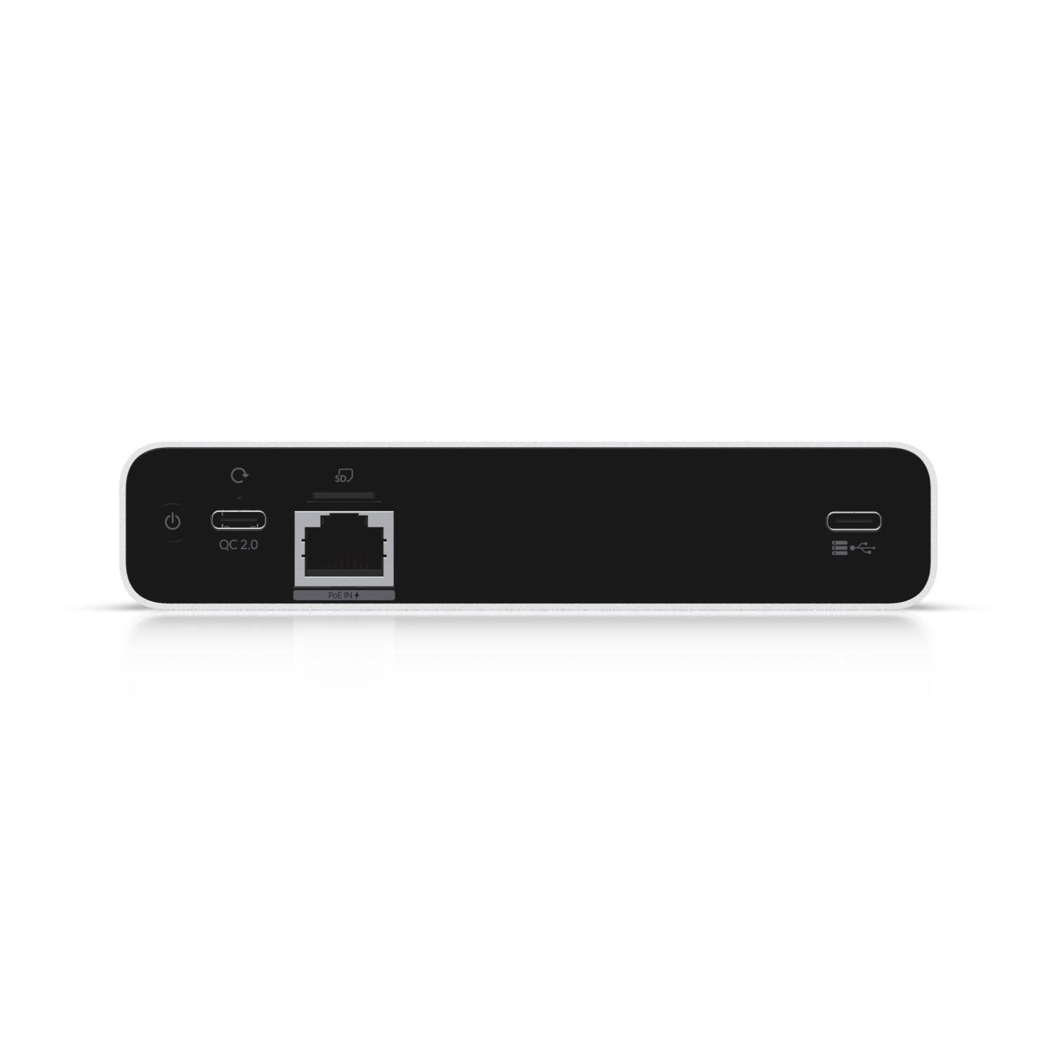 Un dispositivo elettronico bianco e nero con varie porte: alimentazione, USB-C, Ethernet e un pulsante di accensione. Lo sfondo è bianco.