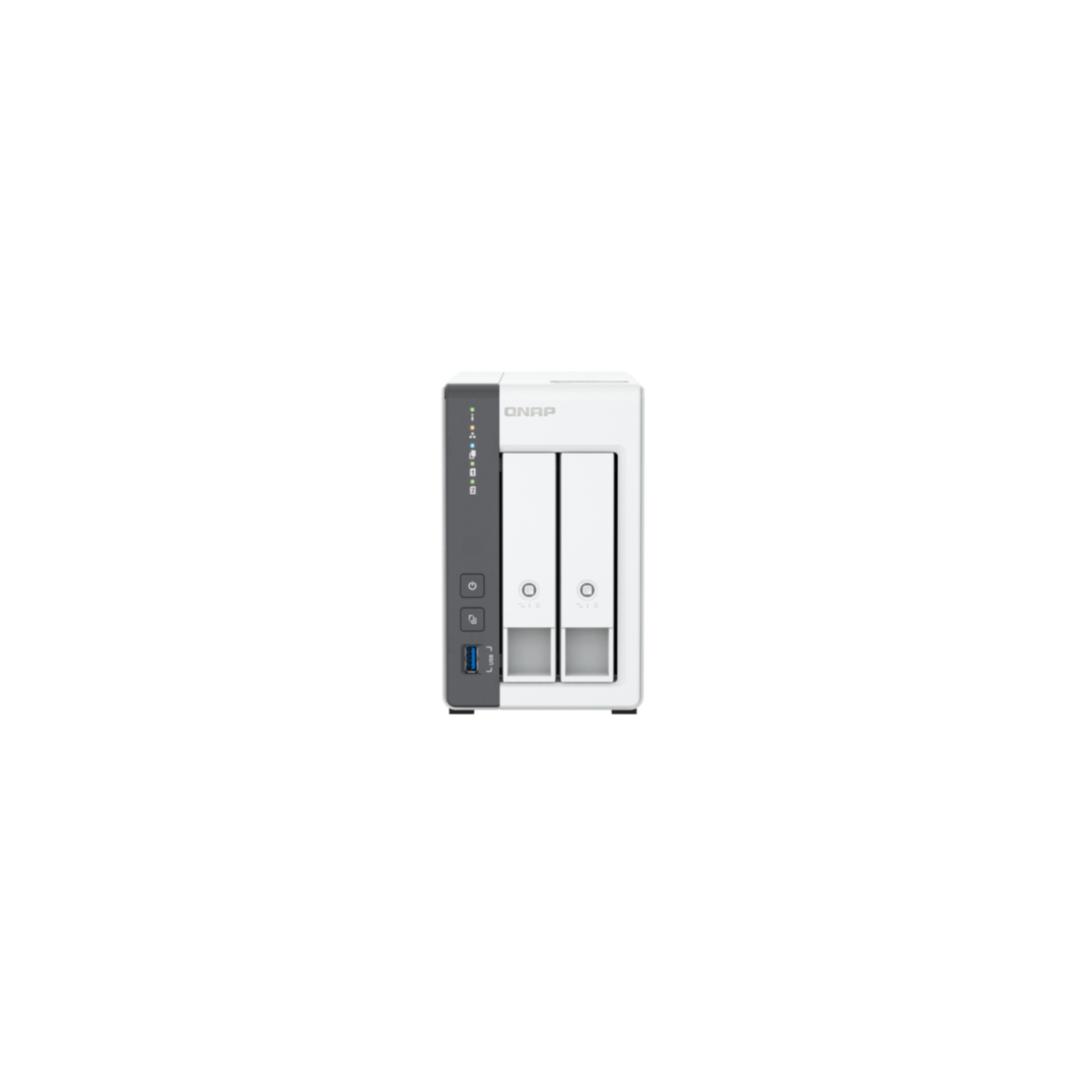 Un dispositivo NAS QNAP blanco y gris. Tiene dos bahías, puertos de alimentación y USB e indicadores. El fondo es blanco.