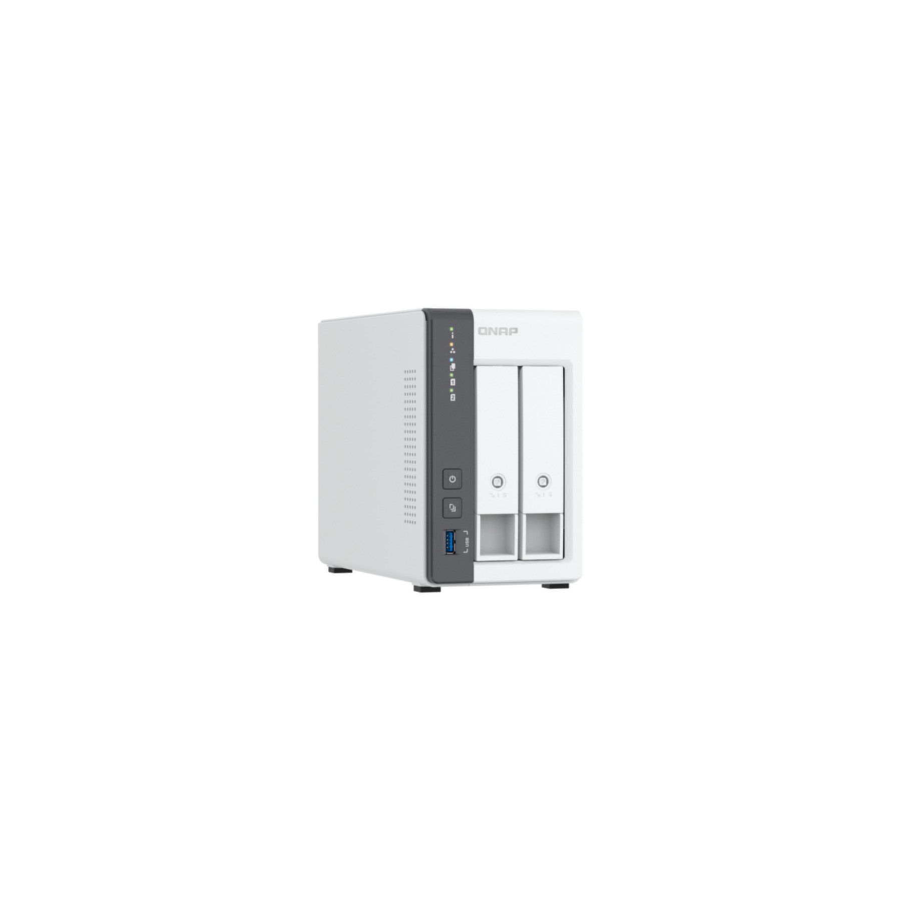 Un dispositivo NAS QNAP blanco. Tiene dos bahías de unidad, un botón de encendido, un puerto USB e indicadores de estado.