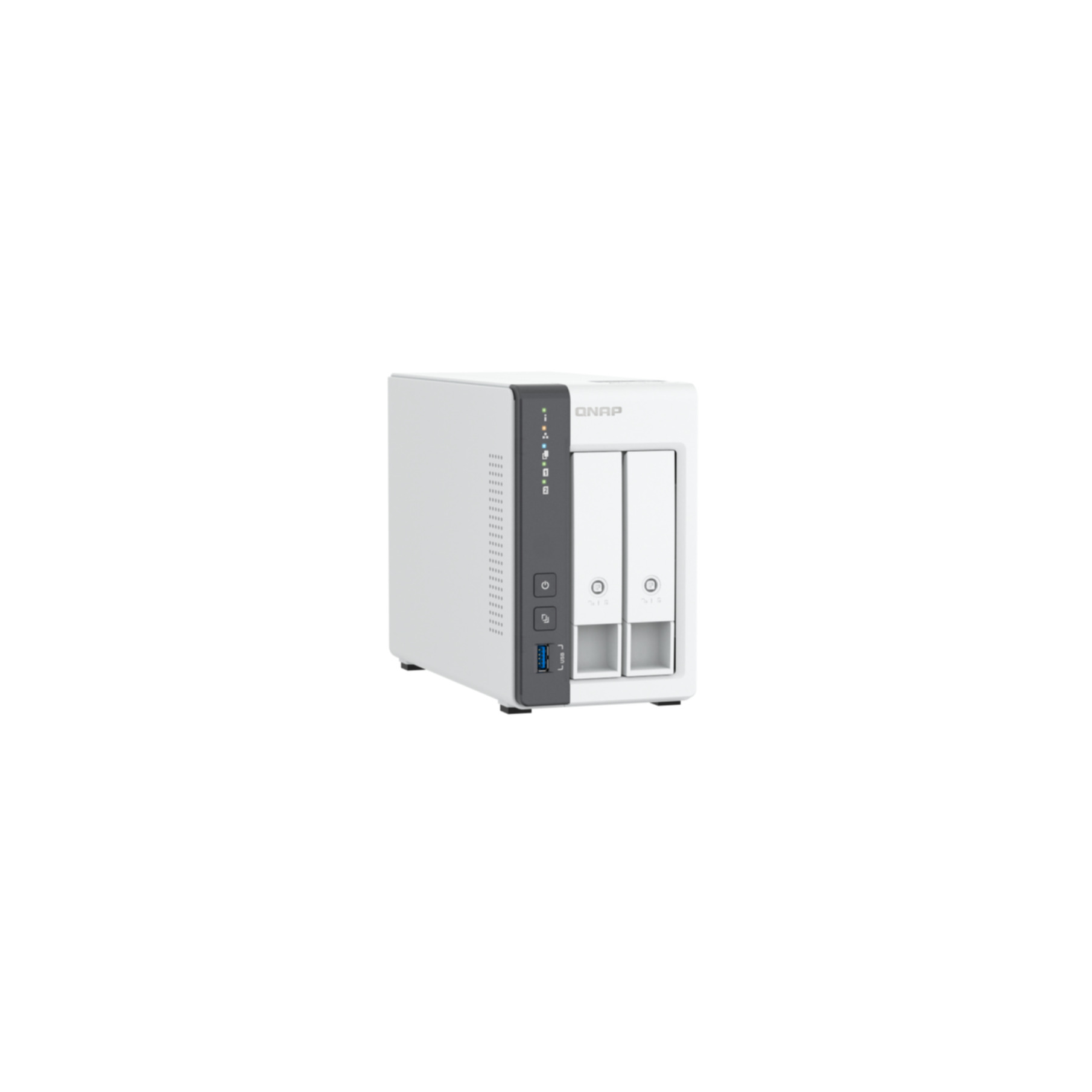 Un dispositivo NAS QNAP blanco. Tiene dos bahías de unidad, un panel frontal negro con luces de estado y un puerto USB.