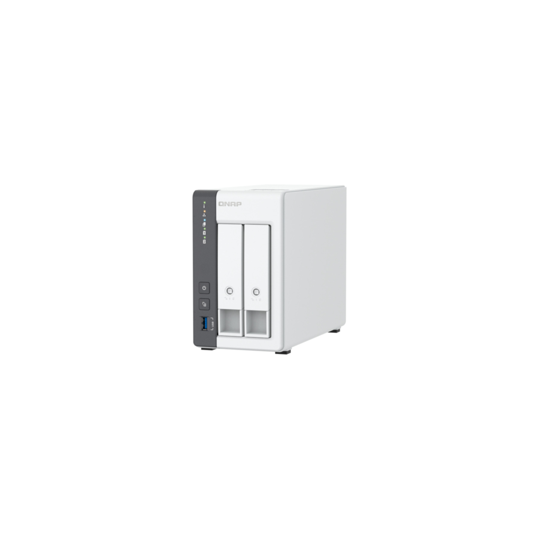 Un dispositivo NAS QNAP blanco y negro. Tiene dos bahías, un botón de encendido y un puerto USB. El fondo es blanco.