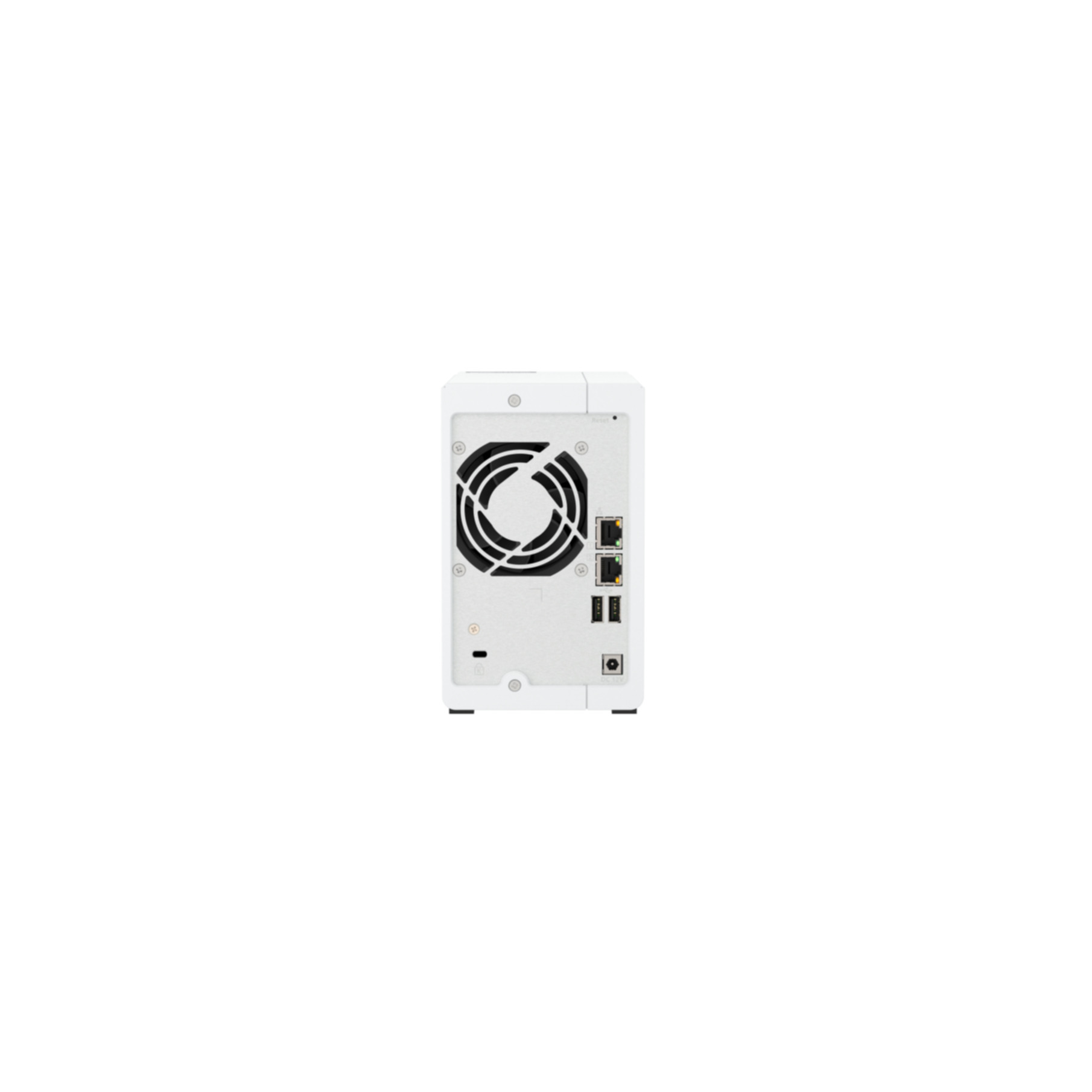 Dispositivo NAS blanco con ventilador, puertos y entrada de alimentación, sobre fondo blanco.