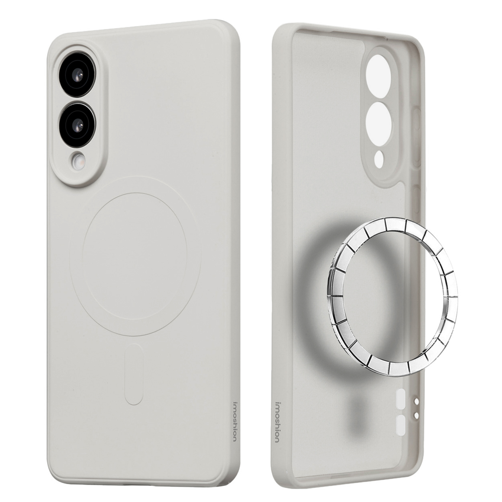 Twee telefoonhoesjes, één effen en één transparant, worden getoond. Een ringhouder is bevestigd aan de transparante hoes.