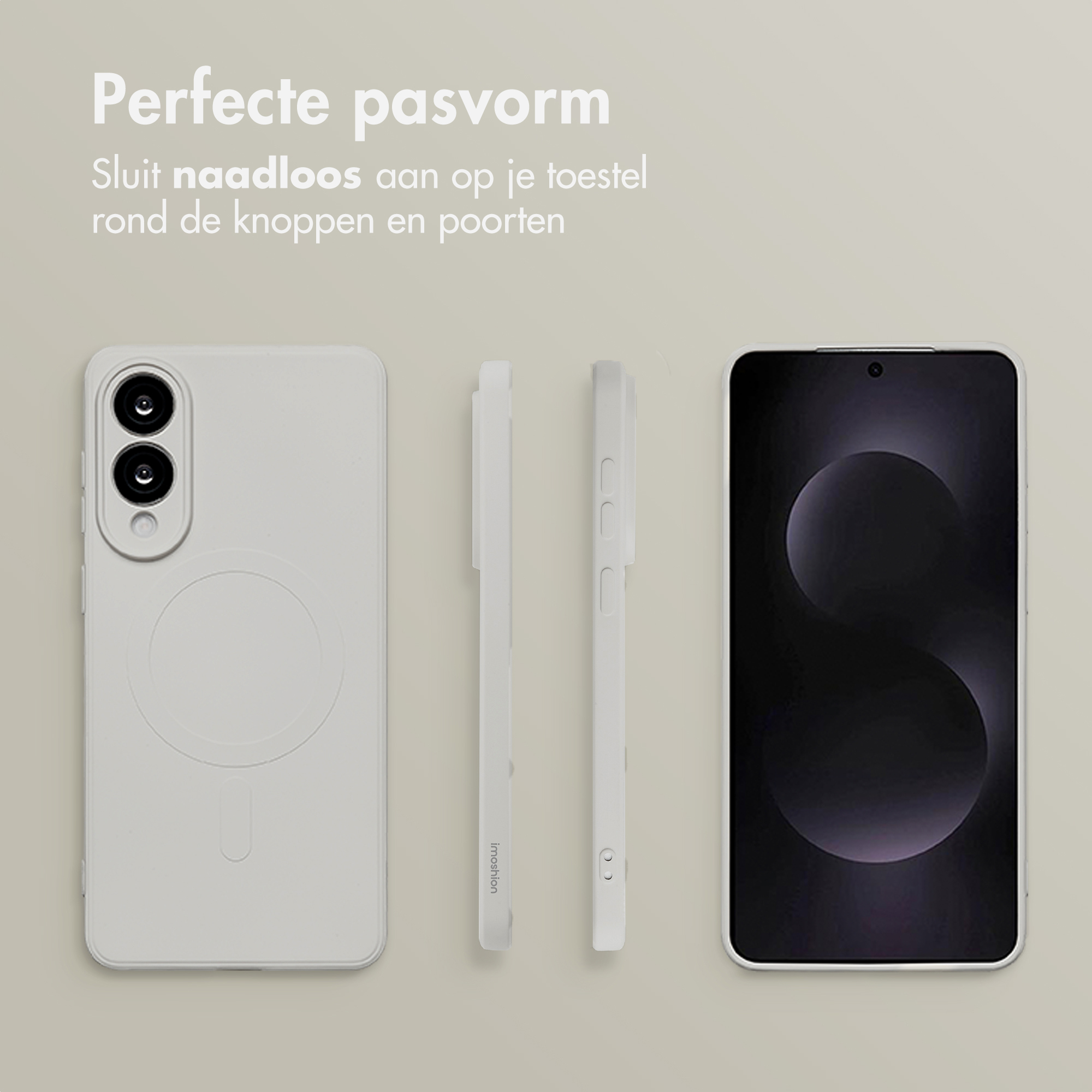 Afbeelding toont een telefoonhoesje en een telefoon. De hoes is gebroken wit en heeft een uitsparing voor de camera. Het telefoonscherm is zwart.