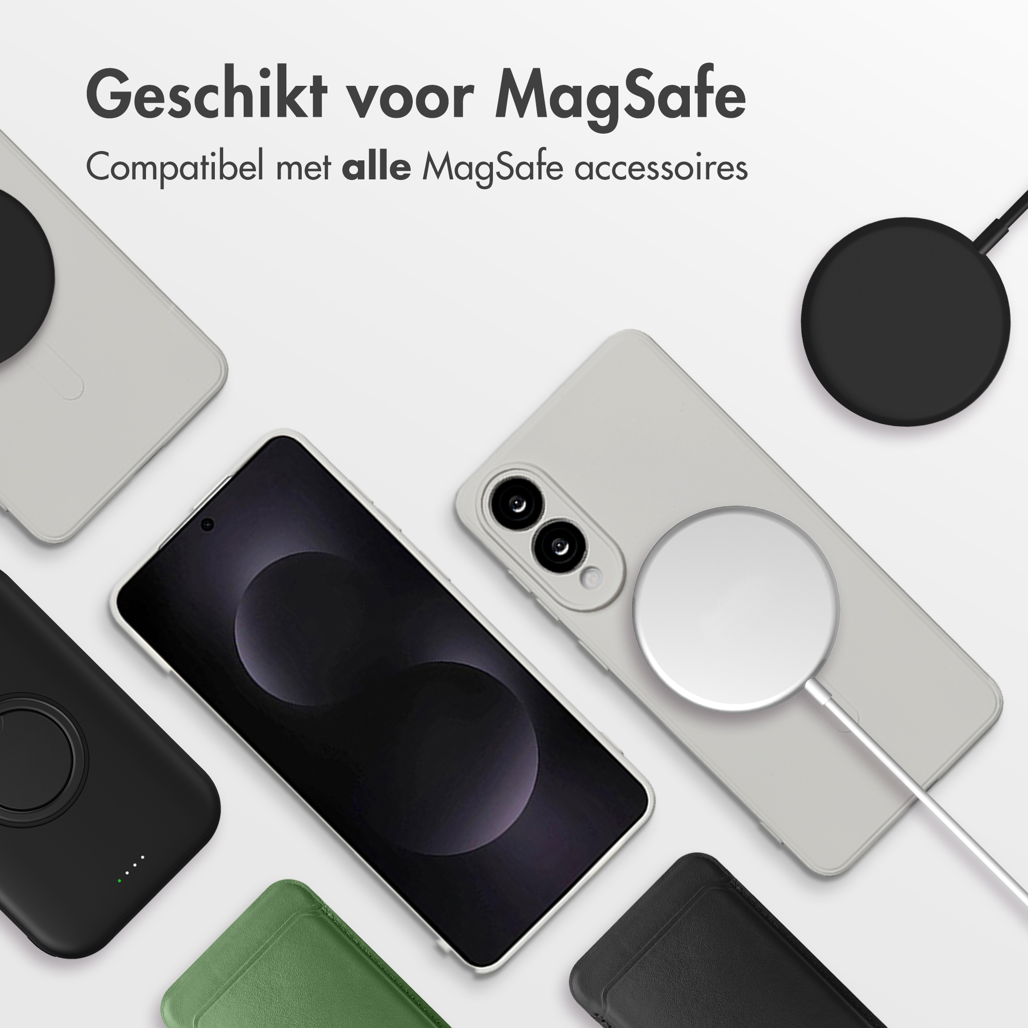 Afbeelding toont telefoons en accessoires. De tekst zegt 'Geschikt voor MagSafe'.
