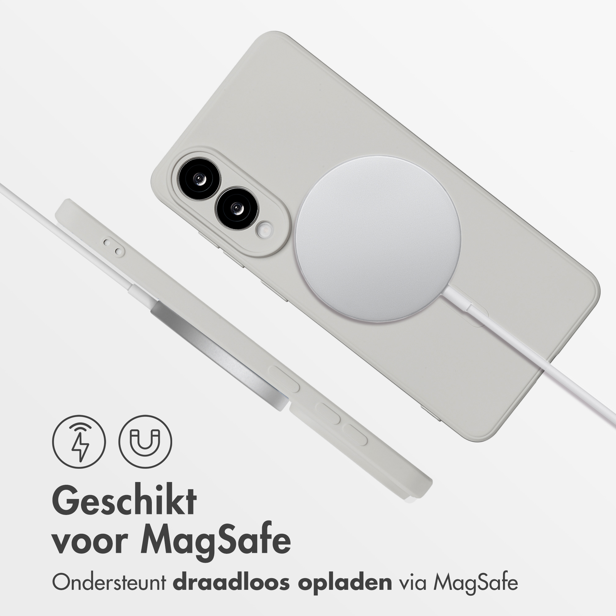 Een telefoon in een grijze hoes met een aangesloten witte MagSafe-oplader. De tekst hieronder zegt 'Geschikt voor MagSafe'.