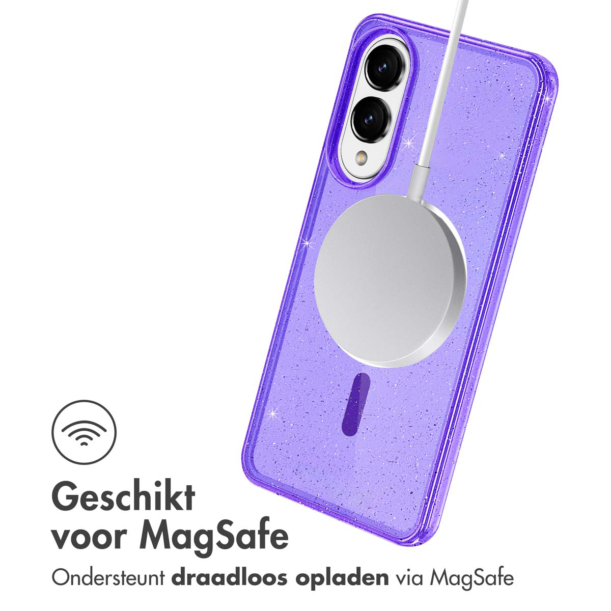 Une coque de téléphone violette avec un chargeur MagSafe attaché. Texte à gauche: 'Geschikt voor MagSafe', signifiant Convient pour MagSafe.
