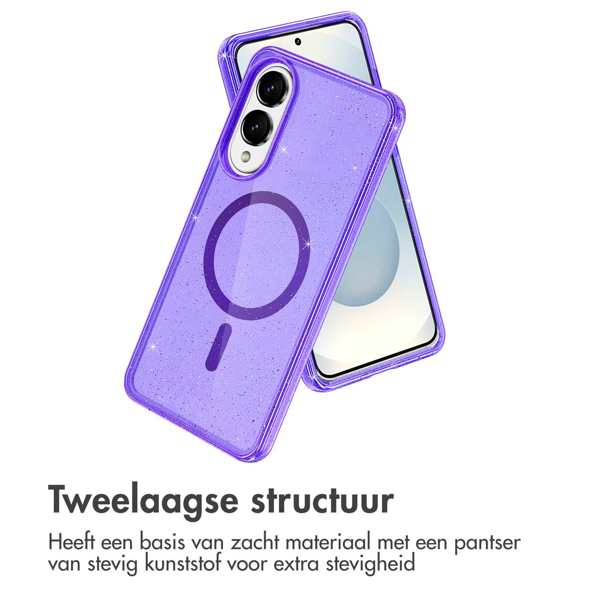 Deux étuis de téléphone violets, l'un sur l'autre, avec des paillettes. Un téléphone est visible derrière un étui.