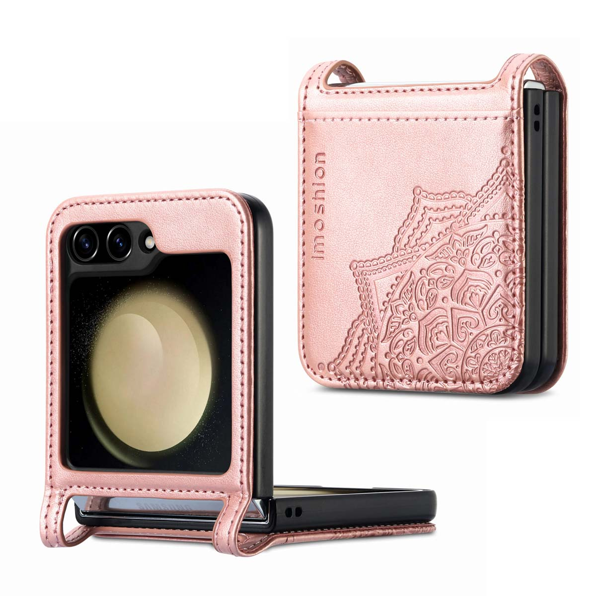 Roze telefoonhoesje met mandala-ontwerp, open en dicht getoond. De telefoon is zwart. De merknaam is Imoshion.