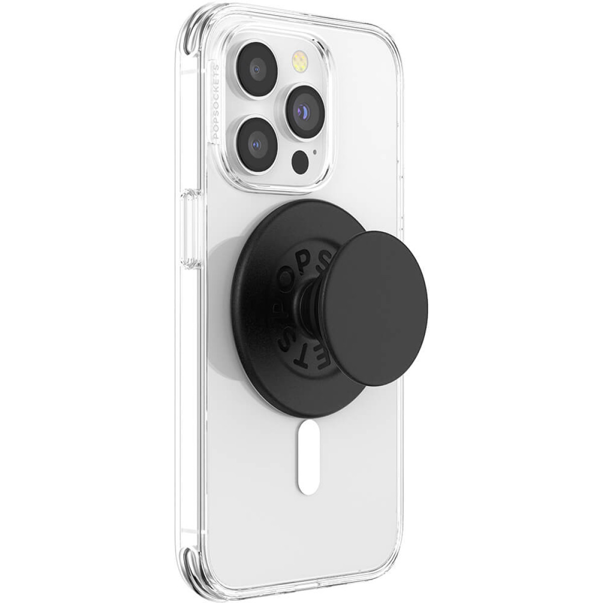 Funda transparente para iPhone con un PopSocket negro adjunto. El teléfono tiene tres cámaras. El PopSocket dice 'POPSOCKETS'.
