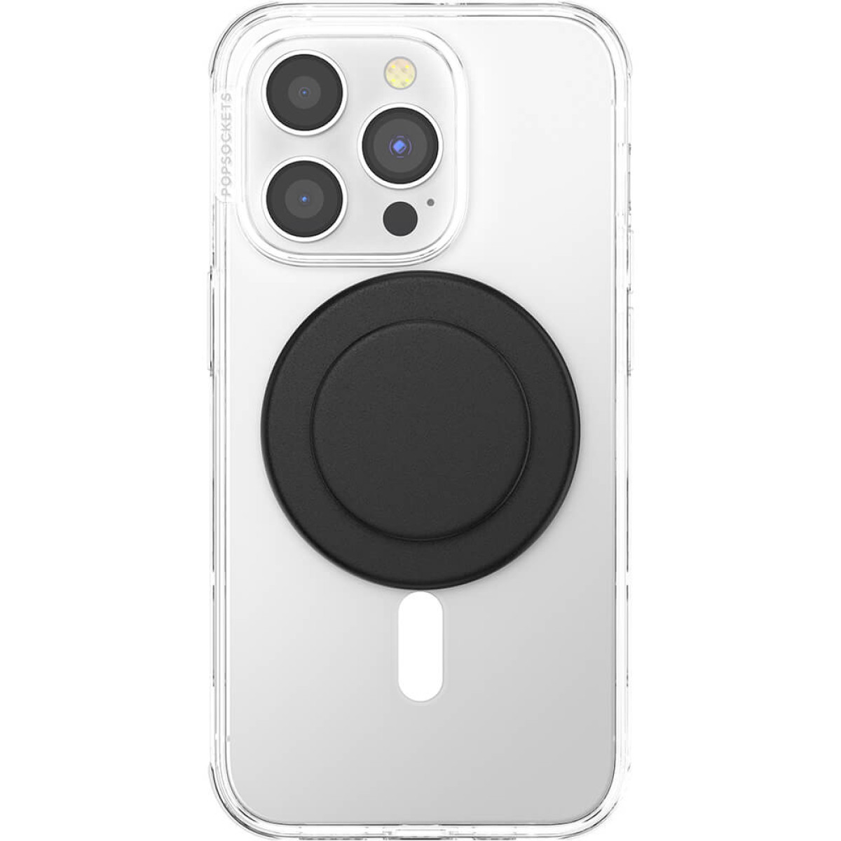 Funda transparente para iPhone con un accesorio MagSafe circular negro. Contiene lentes de cámara y una línea indicadora blanca.
