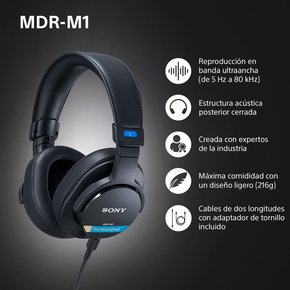 Auriculares profesionales Sony MDR-M1 negros. Características: reproducción de banda ancha y diseño ligero. Texto e iconos adicionales presentes.