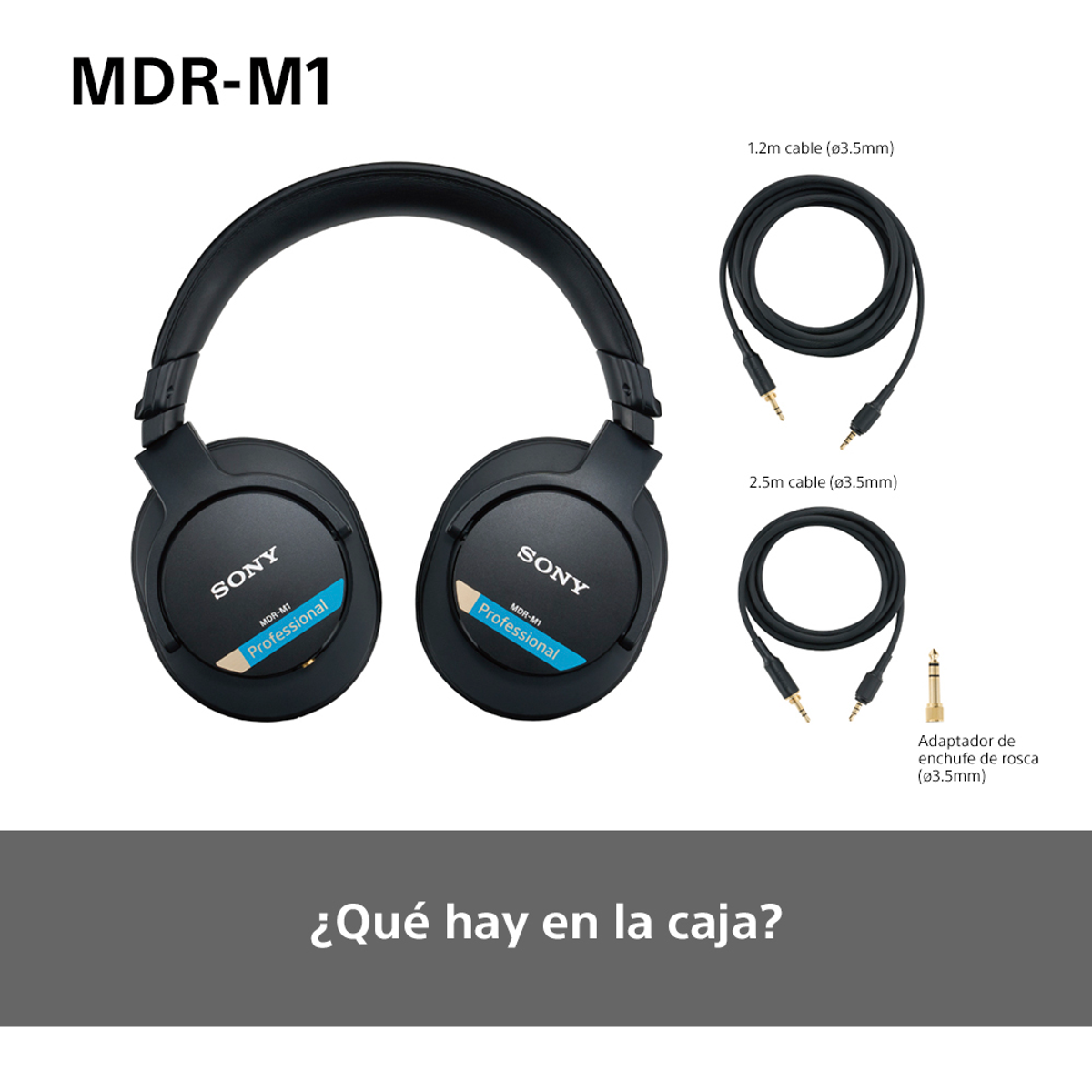 Auriculares negros Sony MDR-M1, dos cables y un adaptador. Texto: '¿Qué hay en la caja?'