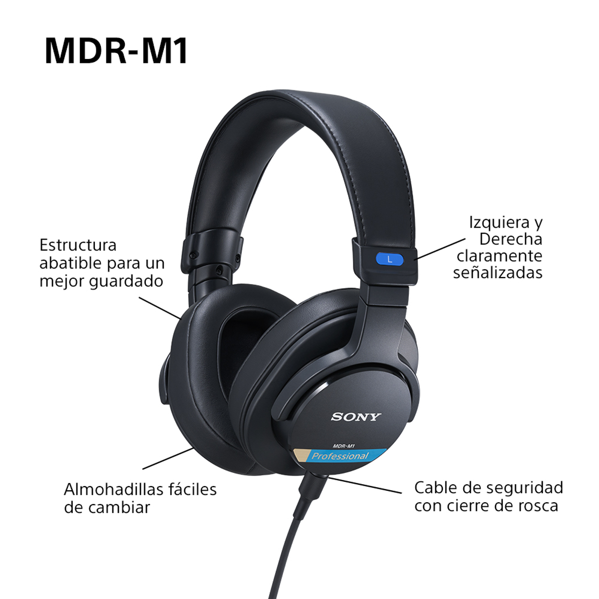 Auriculares negros Sony MDR-M1 con funciones etiquetadas como estructura plegable, almohadillas fáciles de cambiar y cable de seguridad.