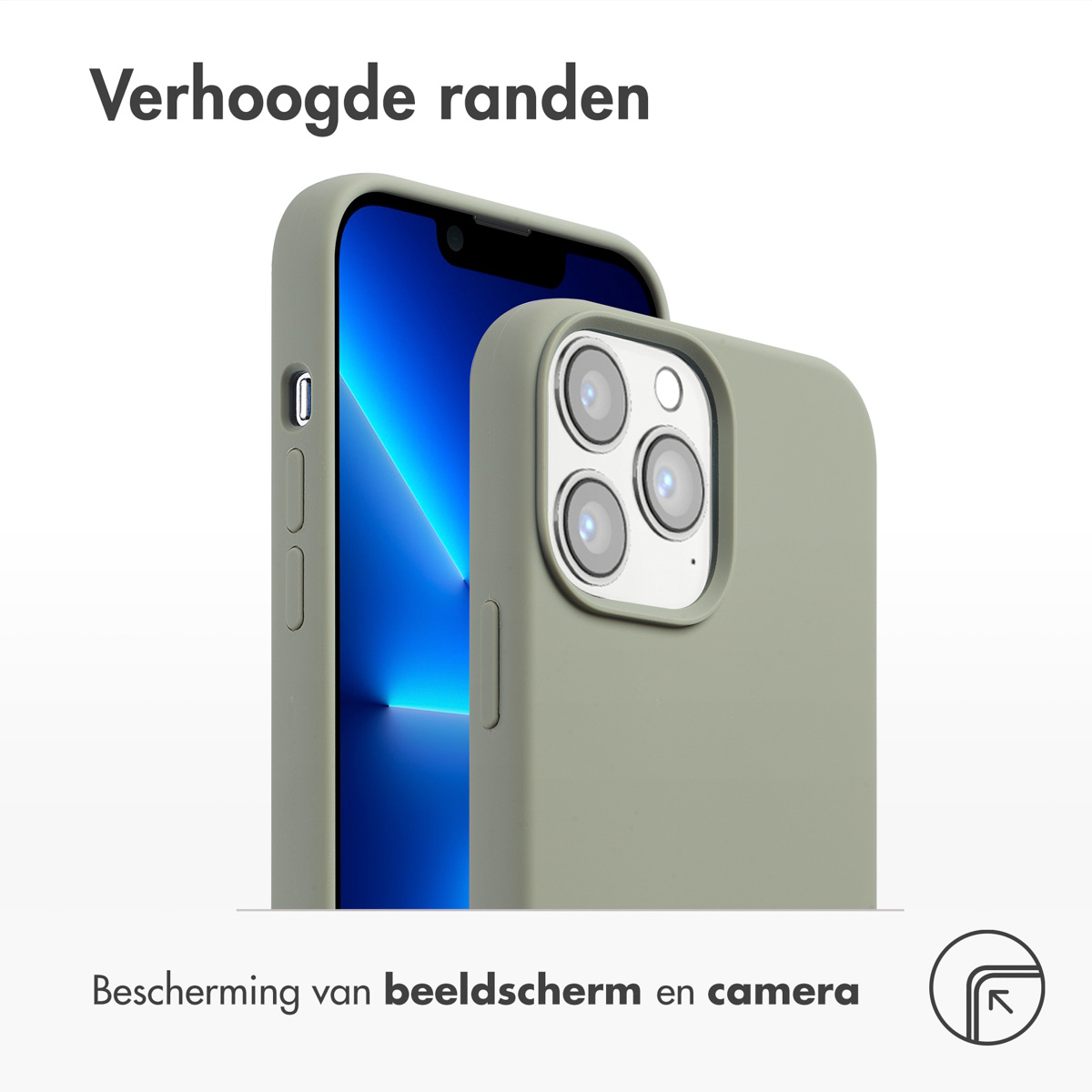 Un téléphone dans un étui vert. L'écran affiche un dégradé bleu. Le texte indique : 'Verhoogde randen' et 'Bescherming van beeldscherm en camera'.