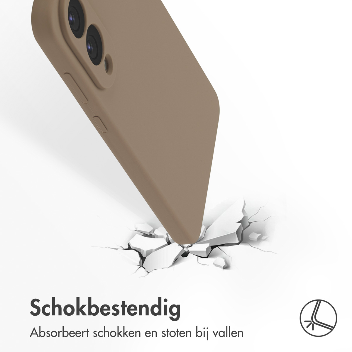Een bruine telefoonhoes valt op een oppervlak, waardoor deze scheurt. Tekst: 'Schokbestendig', met een logo.