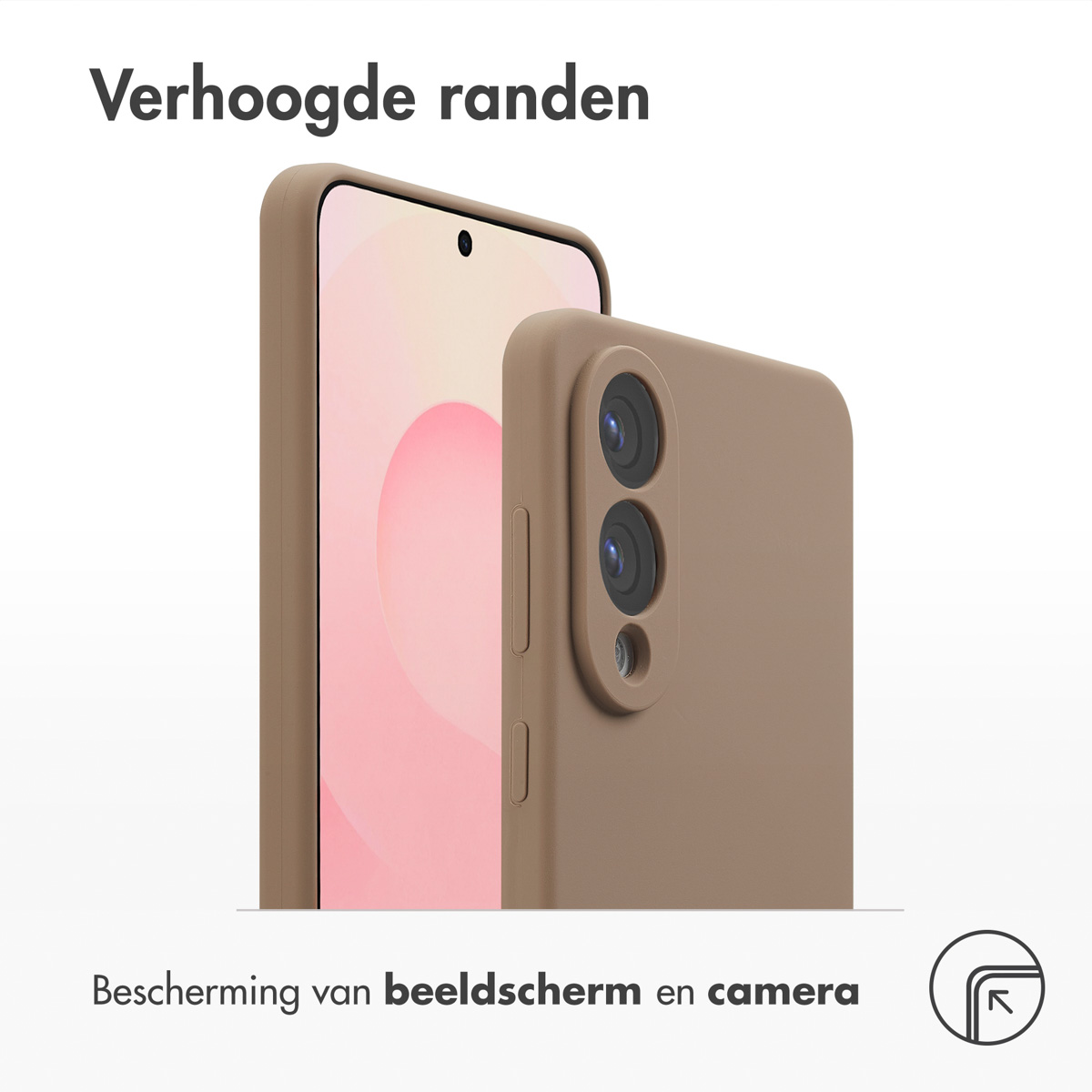 Een telefoonhoesje wordt getoond, met de woorden 'Verhoogde randen' bovenaan. De hoes is bruin met een roze scherm. Tekst onderaan.