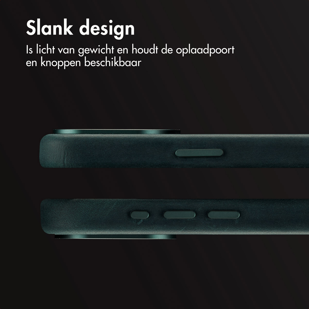 Gros plan sur une coque de téléphone vert foncé avec boutons et port visibles. Le design est élégant. Le fond est sombre.