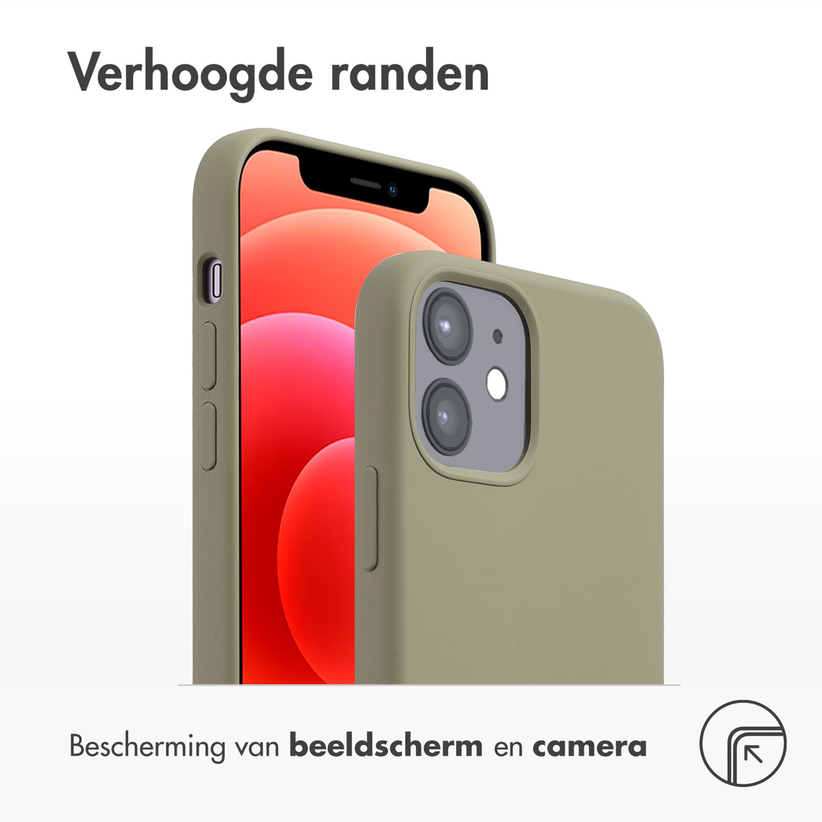 Twee olijfgroene telefoonhoesjes, één op een telefoon met rood scherm en één los. Tekst: 'Verhoogde randen' en 'Bescherming...camera'.