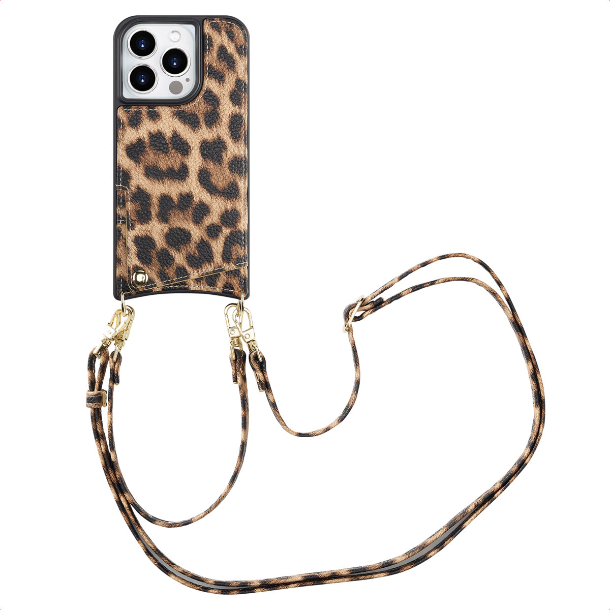 Een telefoonhoesje met luipaardprint en een afneembare riem. Goudkleurige sluitingen en een zwarte telefoonrand. Witte achtergrond.