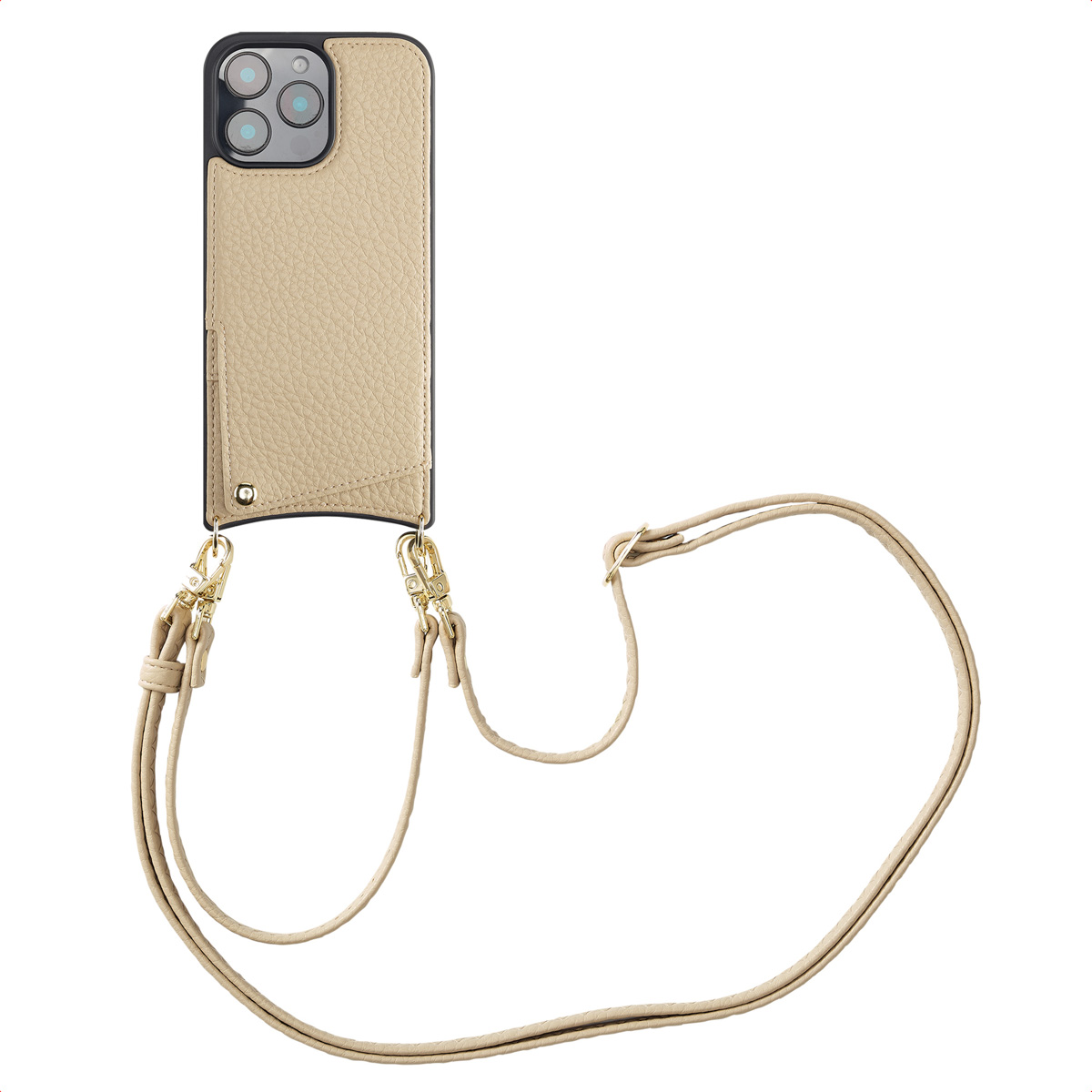 Een beige telefoonhoesje met camera-uitsparing en bijpassende riem, beide tegen een witte achtergrond.
