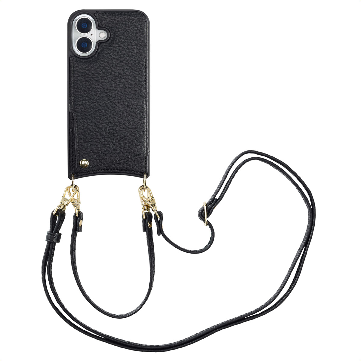 Zwarte telefoonhoes met camera, gouden sluitingen en zwarte riem. De achtergrond is wit.