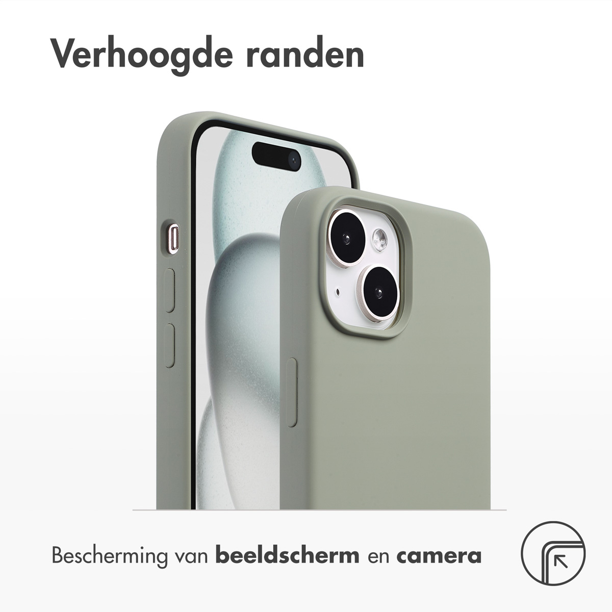 Twee groene telefoonhoesjes, één met de telefoon erin. Tekst: 'Verhoogde randen' en 'Bescherming van beeldscherm en camera'.