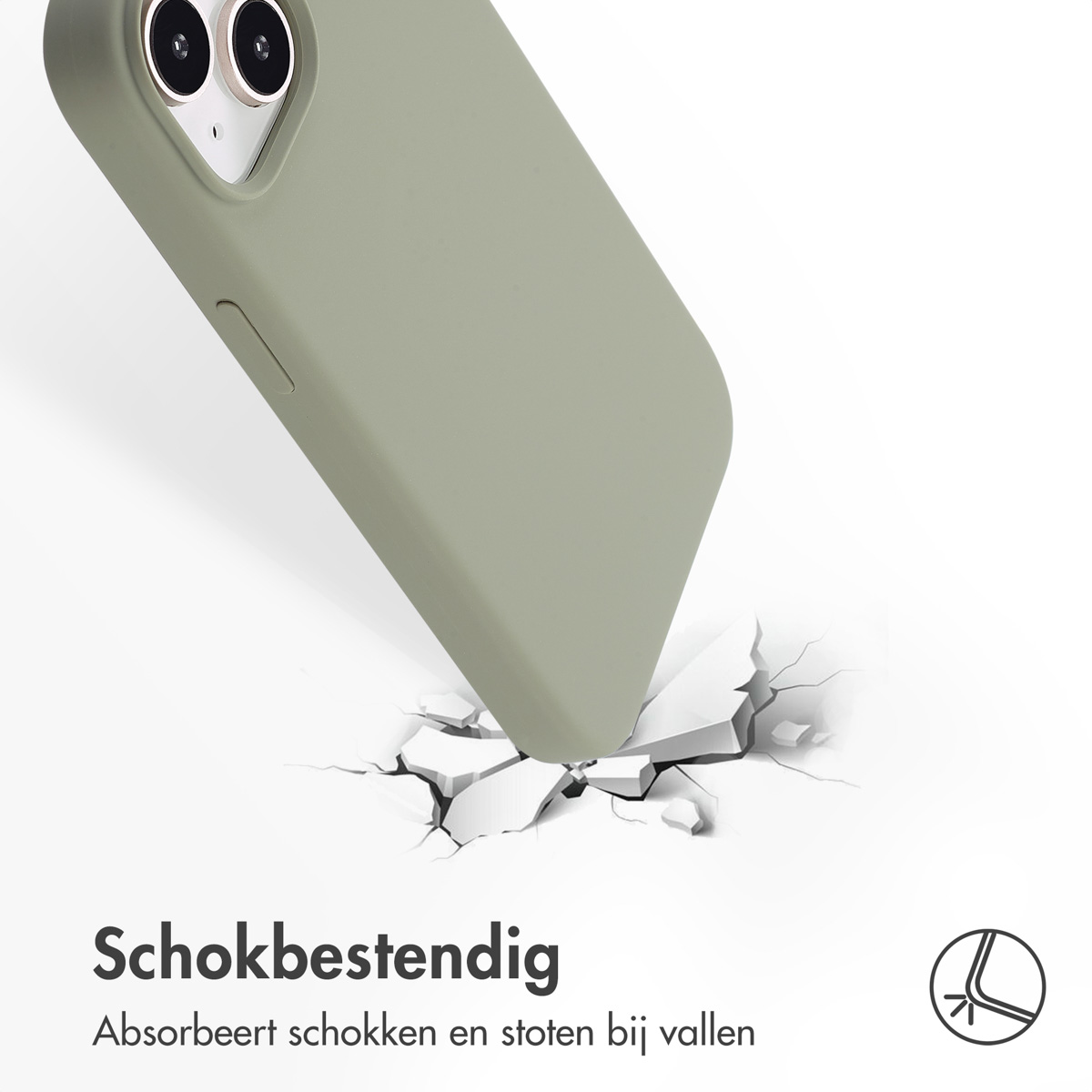 Een saliegroene telefoonhoes valt en breekt een wit oppervlak. De hoes heeft twee cameralenzen. De tekst eronder zegt 'Schokbestendig'.