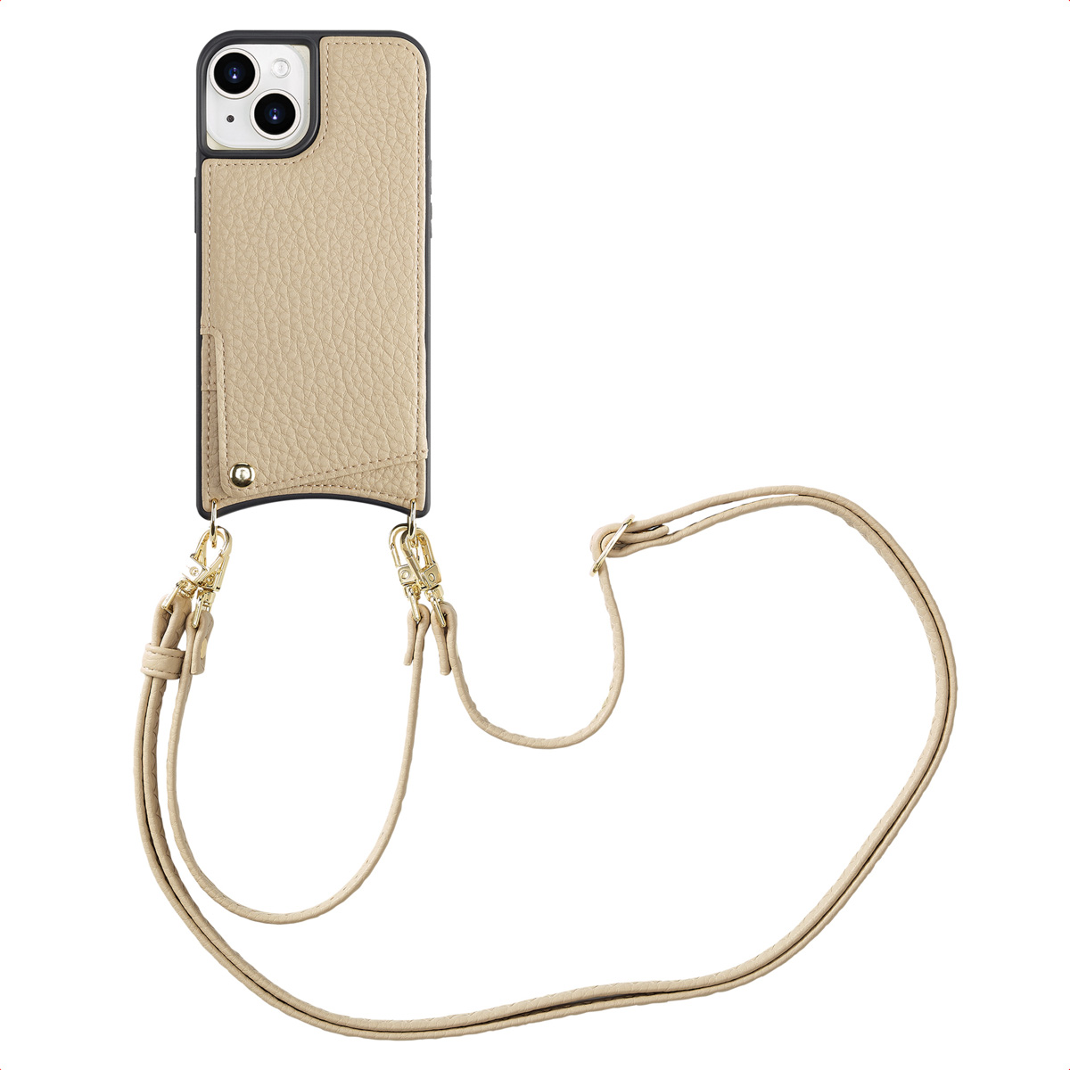 Coque de téléphone beige avec sangle attachée. L'étui a un porte-cartes et des fermoirs dorés. La sangle est également beige.
