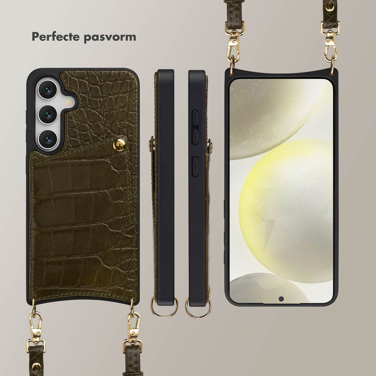Olijfgroene telefoonhoes met riem. Drie aanzichten: voor, zijkant en scherm. Gouden hardware. Krokodillenstructuur aan de voorkant.