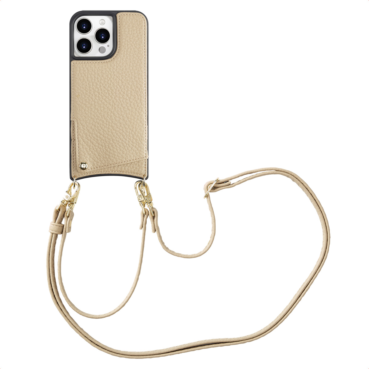 Un étui de téléphone en cuir beige avec une sangle. L'étui a un porte-cartes. Des fermoirs et une sangle dorés sont attachés.