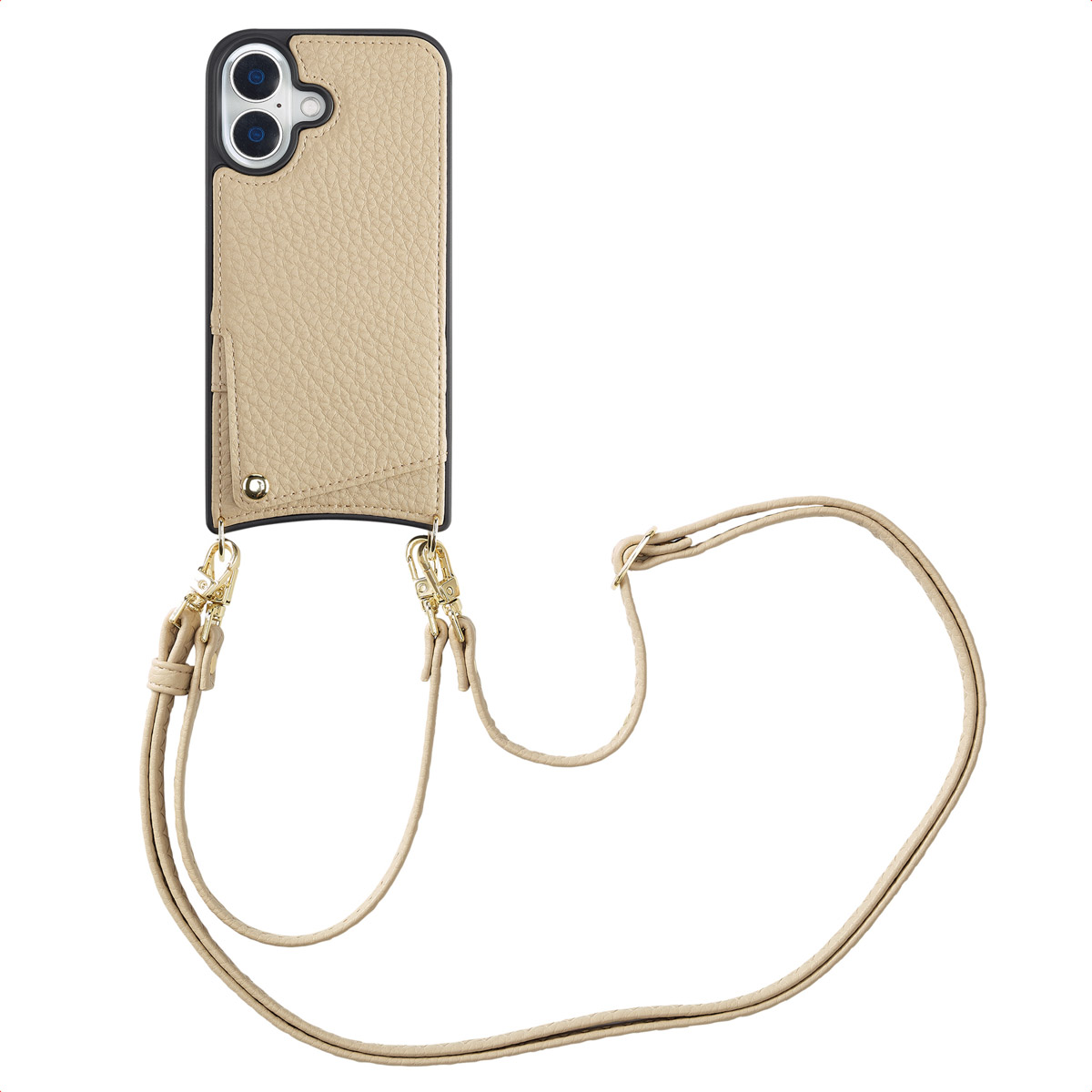 Een beige telefoonhoesje met een bandje. De hoes heeft een zwarte camera-uitsparing en gouden hardware. Het bandje is beige.