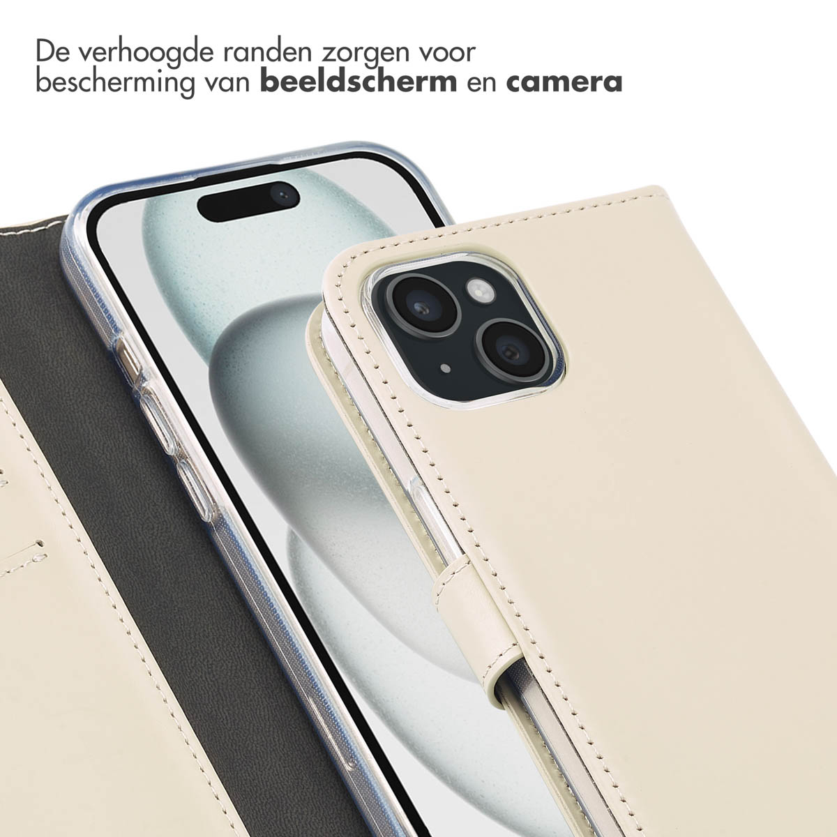 Close-up of a phone in a cream-colored case. The case has a camera cutout and protects the screen and camera.