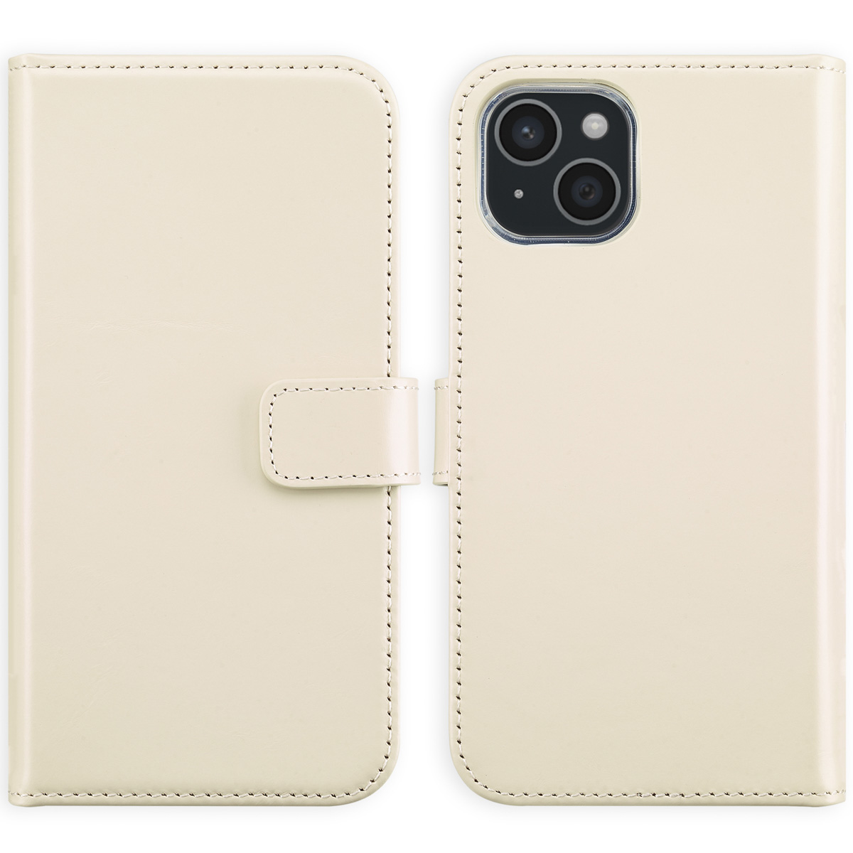 A cream-colored phone case, open to reveal a phone. It has a magnetic clasp and stitched edges. The phone has two cameras.