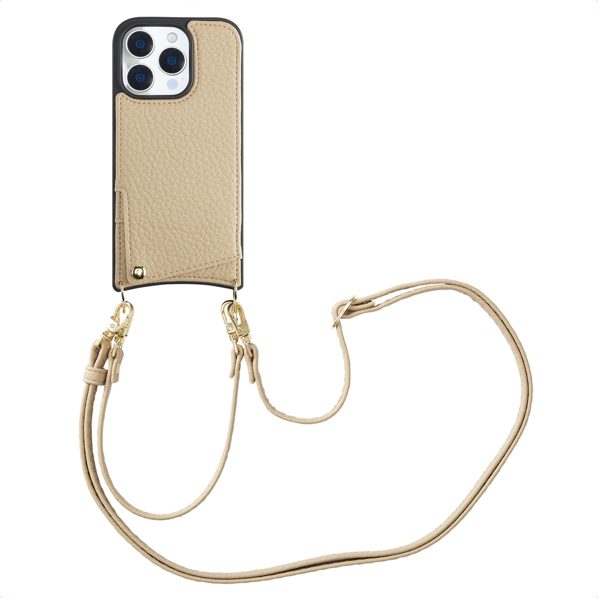 Een beige telefoonhoesje met een bandje. De hoes heeft een zwart frame en een gouden sluiting. Het bandje is ook beige.