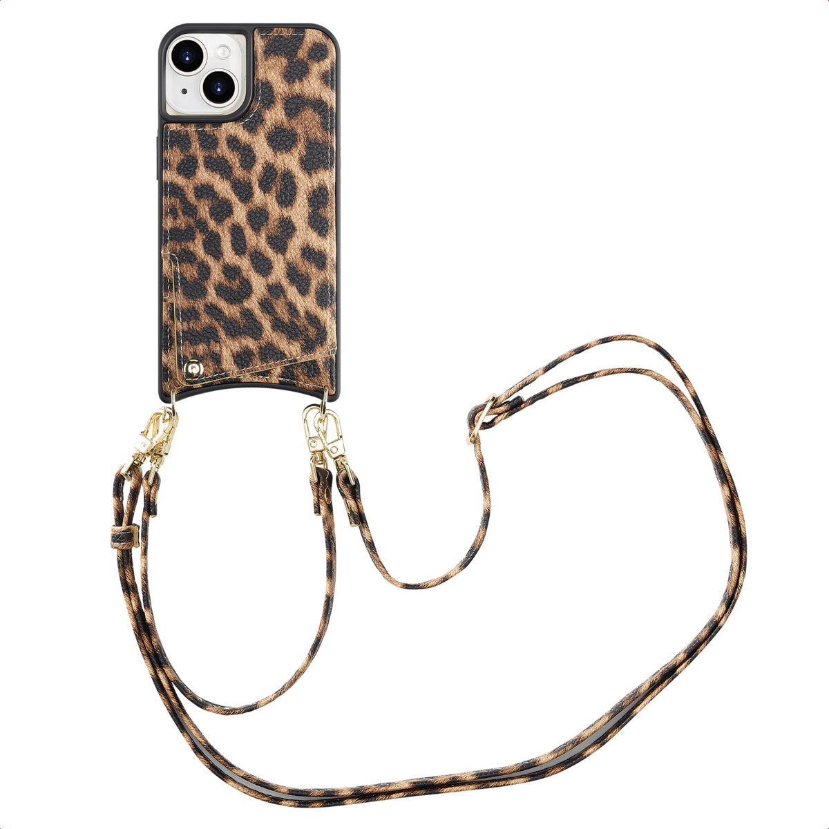 Een telefoonhoesje met een luipaardprint en een afneembare riem. De hoes is zwart en bruin. De riem is bruin en zwart.