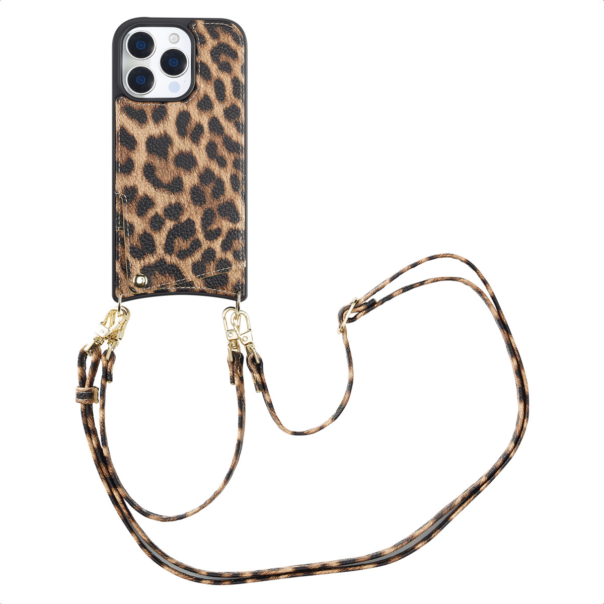 Een telefoonhoesje met luipaardprint en een bruine riem, op een witte achtergrond. De hoes heeft goudkleurige sluitingen.